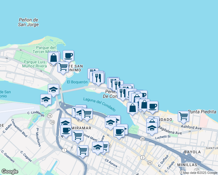 map of restaurants, bars, coffee shops, grocery stores, and more near 1019 Ashford Avenue in San Juan