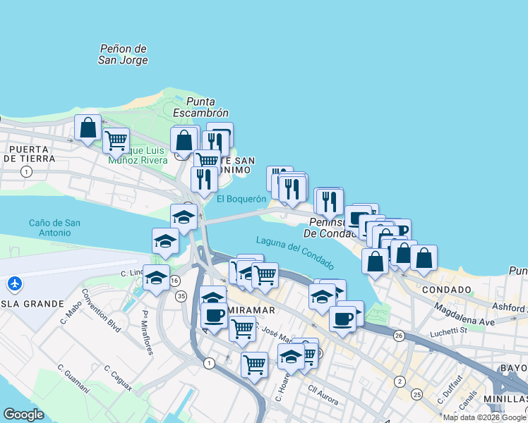 map of restaurants, bars, coffee shops, grocery stores, and more near in San Juan