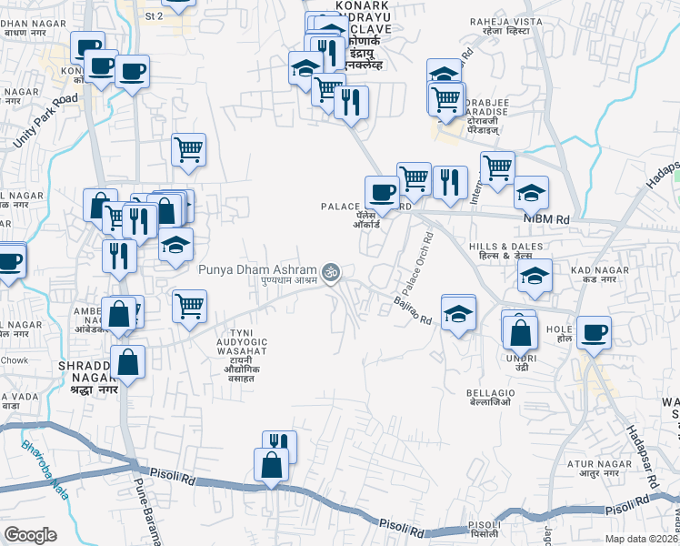 map of restaurants, bars, coffee shops, grocery stores, and more near Punyadham Ashram Road in Pune