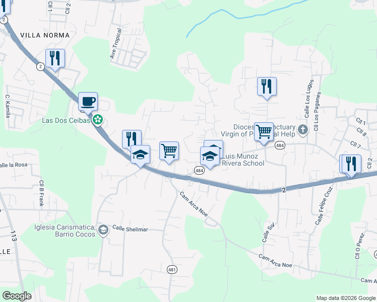 map of restaurants, bars, coffee shops, grocery stores, and more near Puerto Rico 484 in Cocos