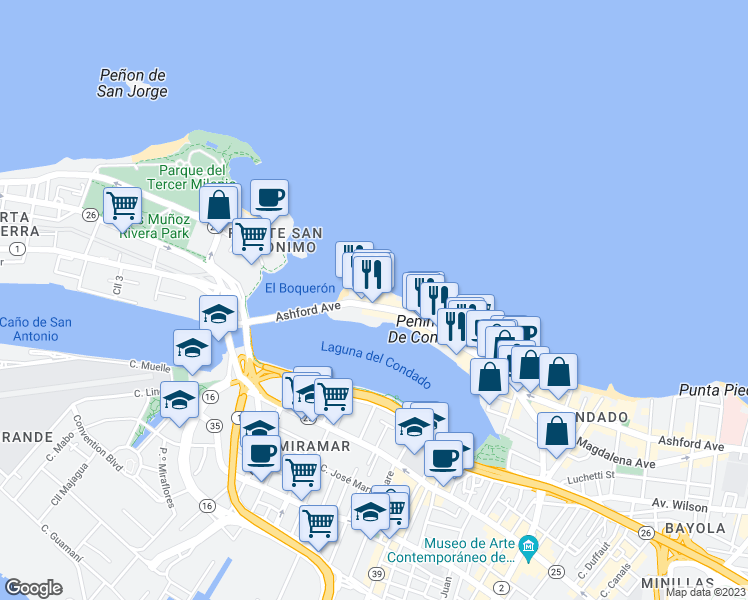 map of restaurants, bars, coffee shops, grocery stores, and more near 999 Avenida Ashford in San Juan
