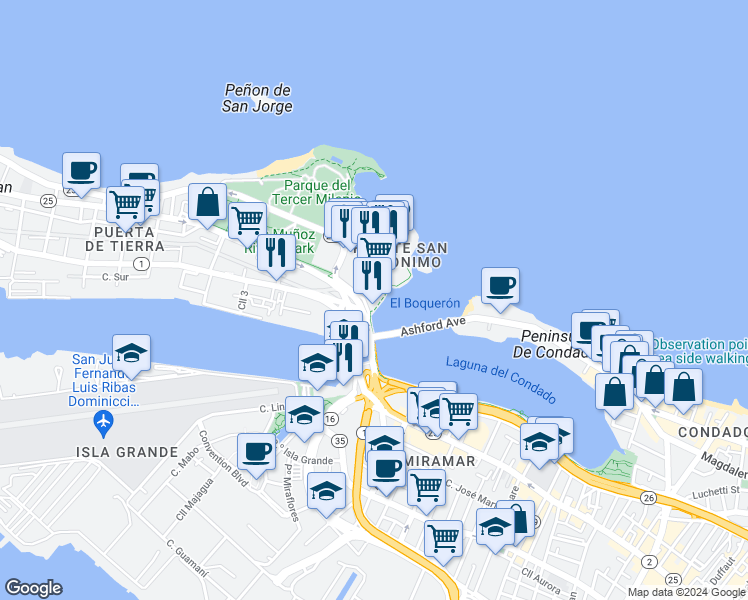 map of restaurants, bars, coffee shops, grocery stores, and more near 5 Avenida Luis Muñoz Rivera in San Juan