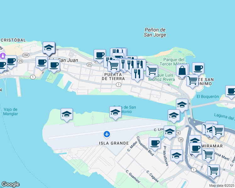 map of restaurants, bars, coffee shops, grocery stores, and more near in San Juan