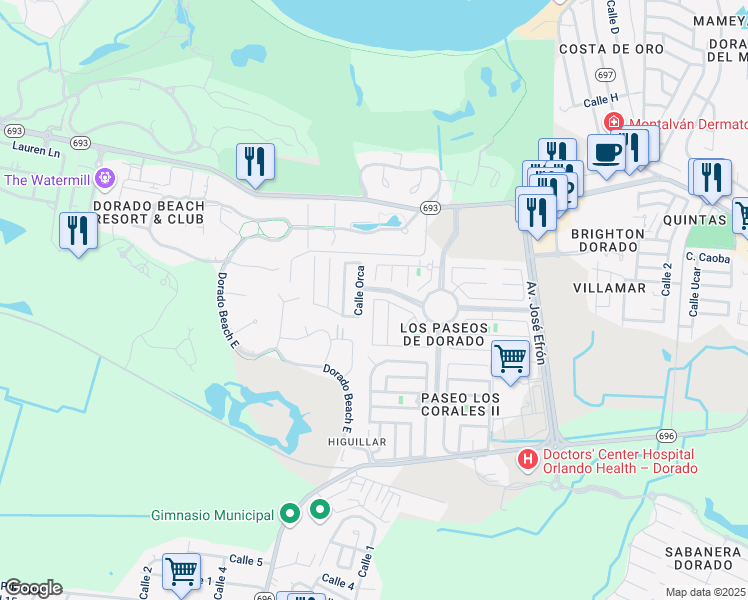 map of restaurants, bars, coffee shops, grocery stores, and more near Calle Thebe in Dorado