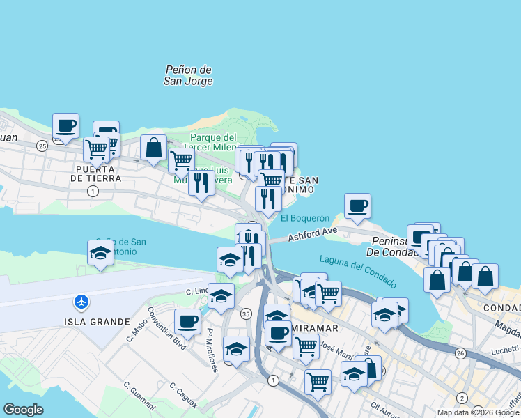 map of restaurants, bars, coffee shops, grocery stores, and more near 15 Avenida Luis Muñoz Rivera in San Juan