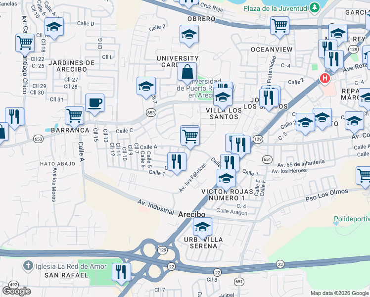 map of restaurants, bars, coffee shops, grocery stores, and more near Calle A in Arecibo