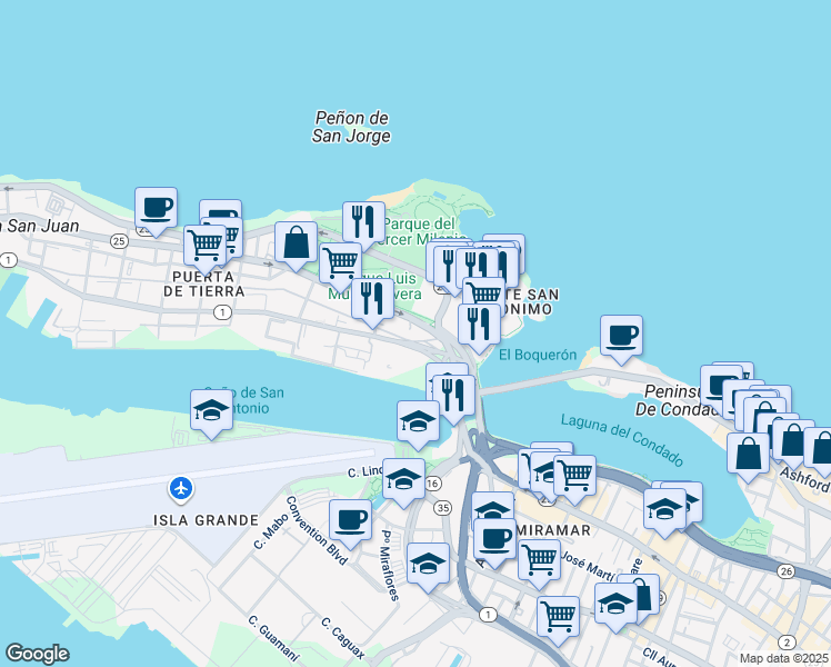 map of restaurants, bars, coffee shops, grocery stores, and more near Calle Del Tren in San Juan