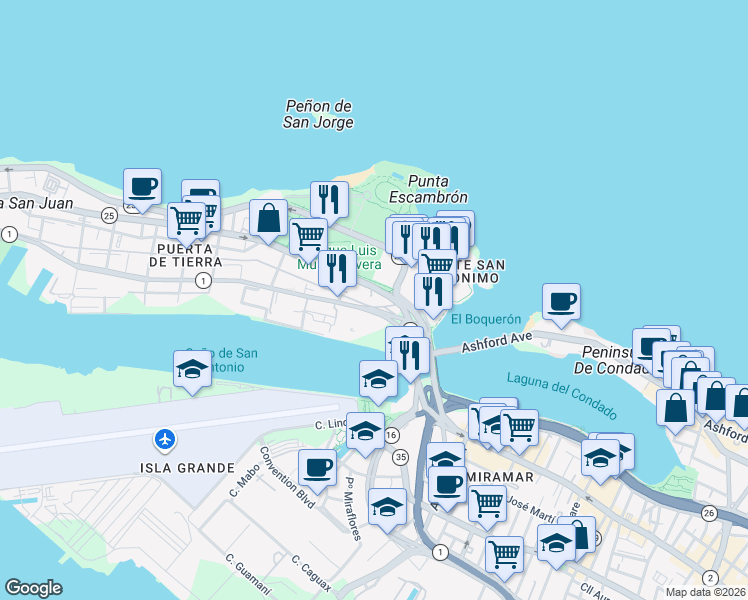 map of restaurants, bars, coffee shops, grocery stores, and more near Calle Del Tren in San Juan