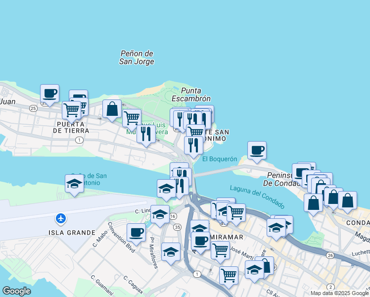 map of restaurants, bars, coffee shops, grocery stores, and more near in San Juan