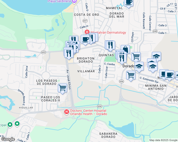 map of restaurants, bars, coffee shops, grocery stores, and more near Calle Almendro in Dorado