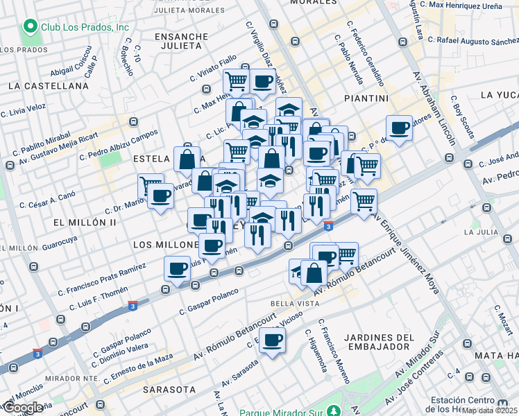 map of restaurants, bars, coffee shops, grocery stores, and more near Calle Paseo de los Guaricano in Santo Domingo
