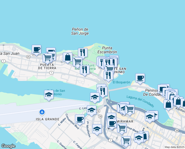 map of restaurants, bars, coffee shops, grocery stores, and more near Calle Del Tren in San Juan