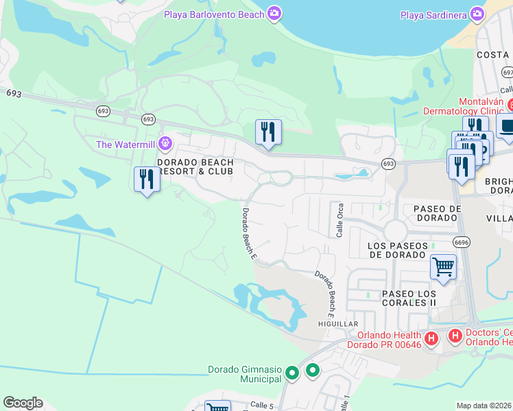 map of restaurants, bars, coffee shops, grocery stores, and more near Unnamed Road in Dorado