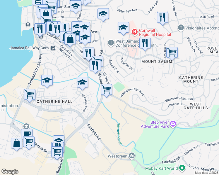 map of restaurants, bars, coffee shops, grocery stores, and more near Miriam Way in Montego Bay