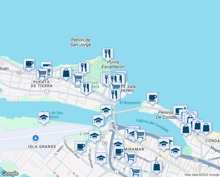 map of restaurants, bars, coffee shops, grocery stores, and more near Calle Los Rosales in San Juan