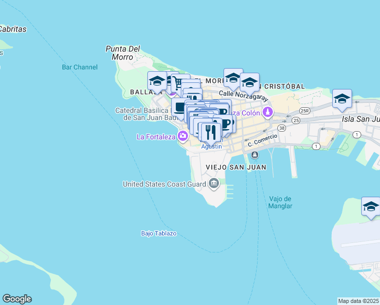 map of restaurants, bars, coffee shops, grocery stores, and more near 101-103 Paseo de la Princesa in San Juan