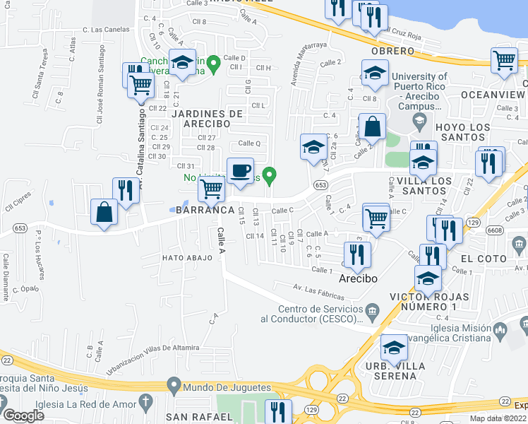 map of restaurants, bars, coffee shops, grocery stores, and more near Calle 12 in Arecibo