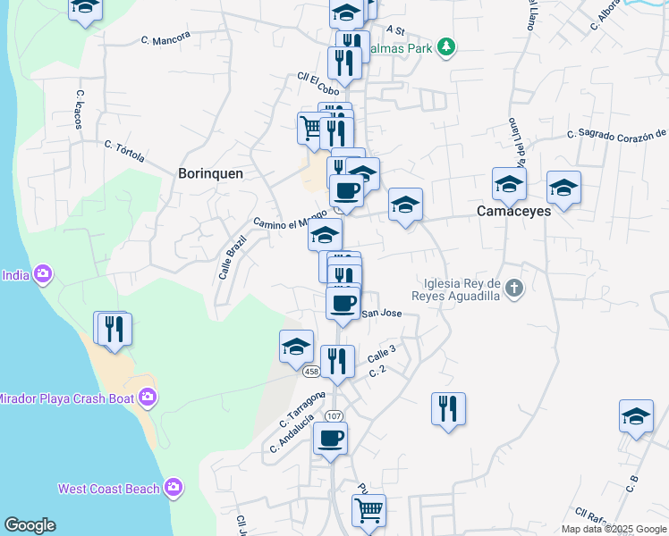 map of restaurants, bars, coffee shops, grocery stores, and more near 107 in Aguadilla