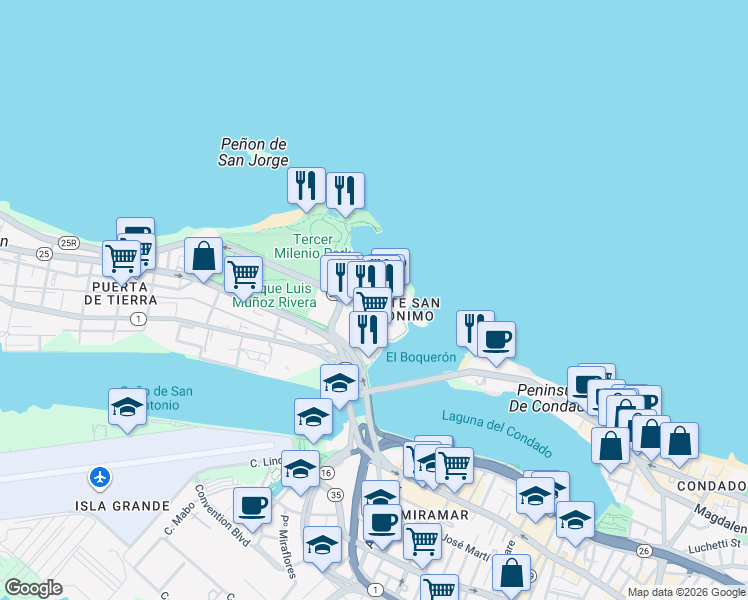 map of restaurants, bars, coffee shops, grocery stores, and more near in San Juan