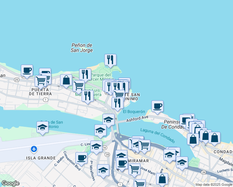 map of restaurants, bars, coffee shops, grocery stores, and more near Calle Los Rosales in San Juan