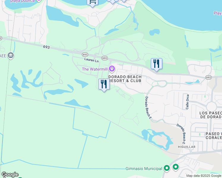 map of restaurants, bars, coffee shops, grocery stores, and more near Plantation Drive in Dorado