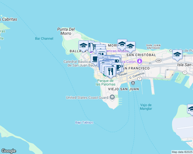 map of restaurants, bars, coffee shops, grocery stores, and more near 63 Calle Fortaleza in San Juan