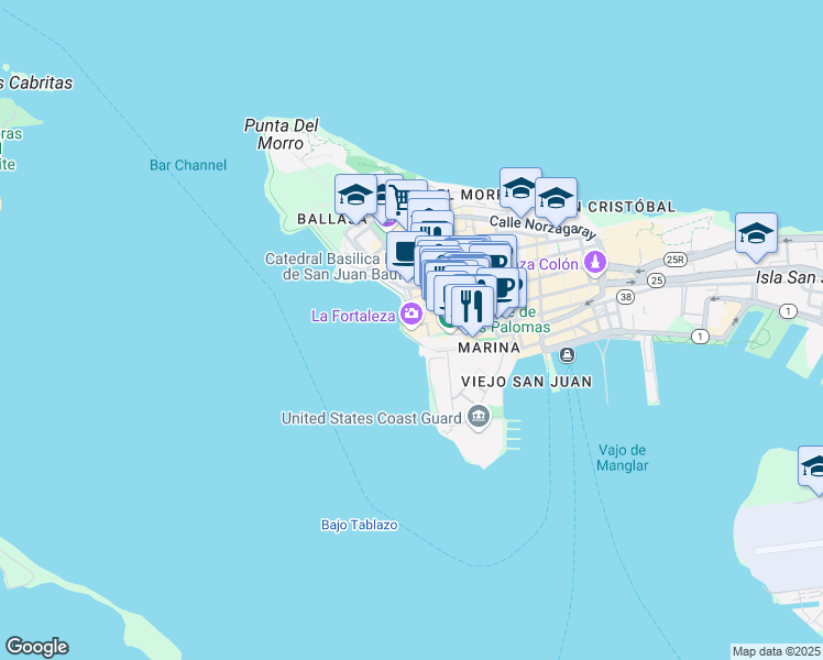 map of restaurants, bars, coffee shops, grocery stores, and more near 63 Calle Fortaleza in San Juan