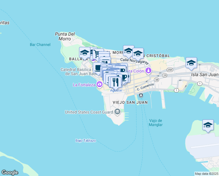 map of restaurants, bars, coffee shops, grocery stores, and more near 101-103 Paseo de la Princesa in San Juan