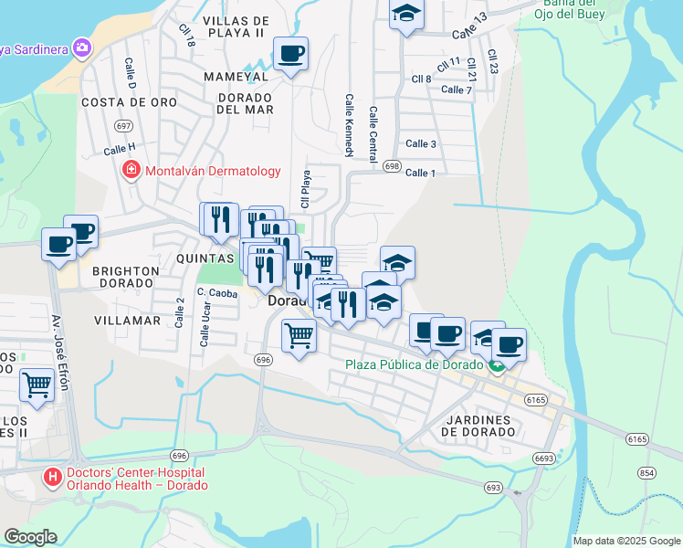 map of restaurants, bars, coffee shops, grocery stores, and more near KM 5 Puerto Rico 698 in Dorado