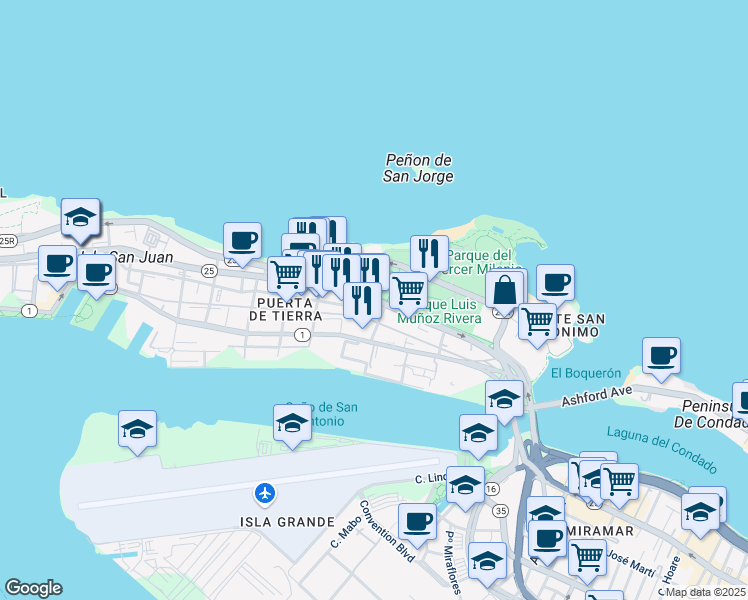 map of restaurants, bars, coffee shops, grocery stores, and more near Highway 25 in San Juan