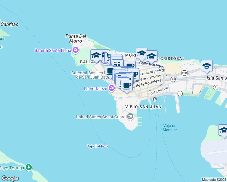 map of restaurants, bars, coffee shops, grocery stores, and more near 200c Calle del Cristo in San Juan