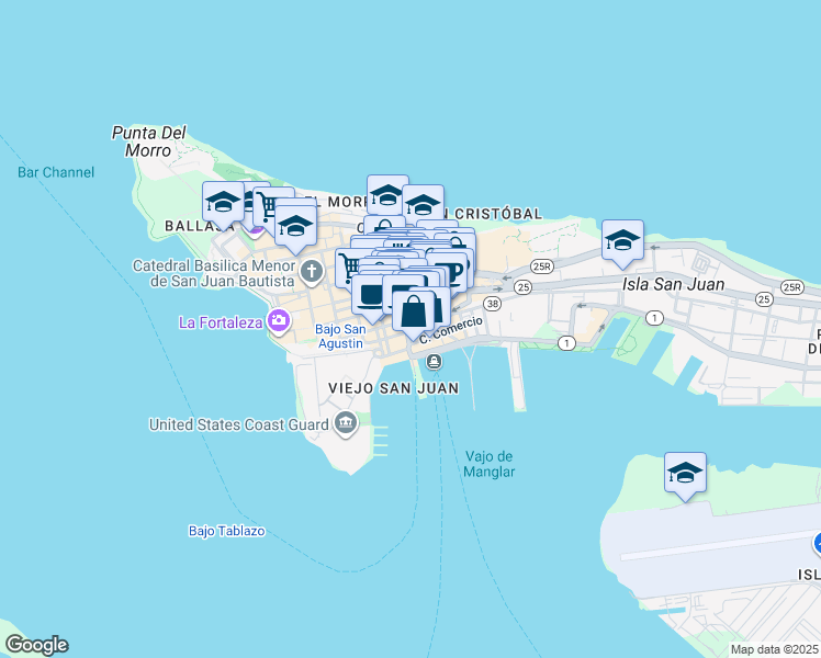 map of restaurants, bars, coffee shops, grocery stores, and more near in San Juan