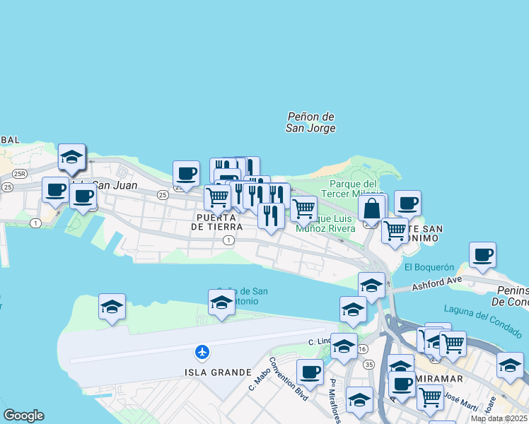 map of restaurants, bars, coffee shops, grocery stores, and more near in San Juan