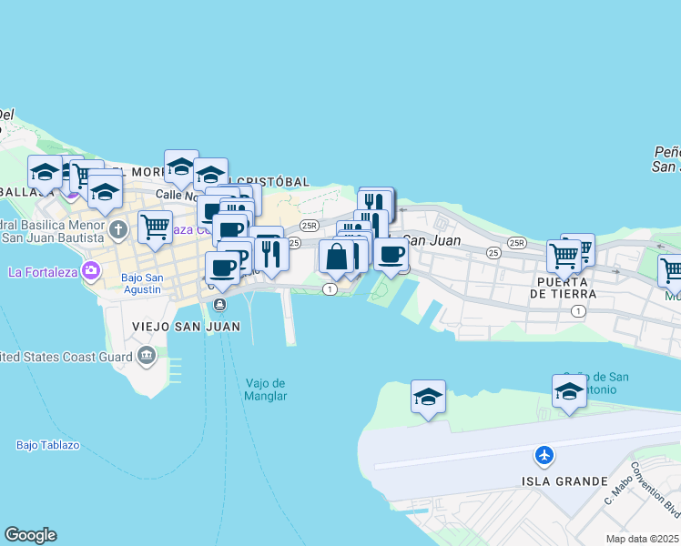 map of restaurants, bars, coffee shops, grocery stores, and more near 100 Calle General Contreras in San Juan