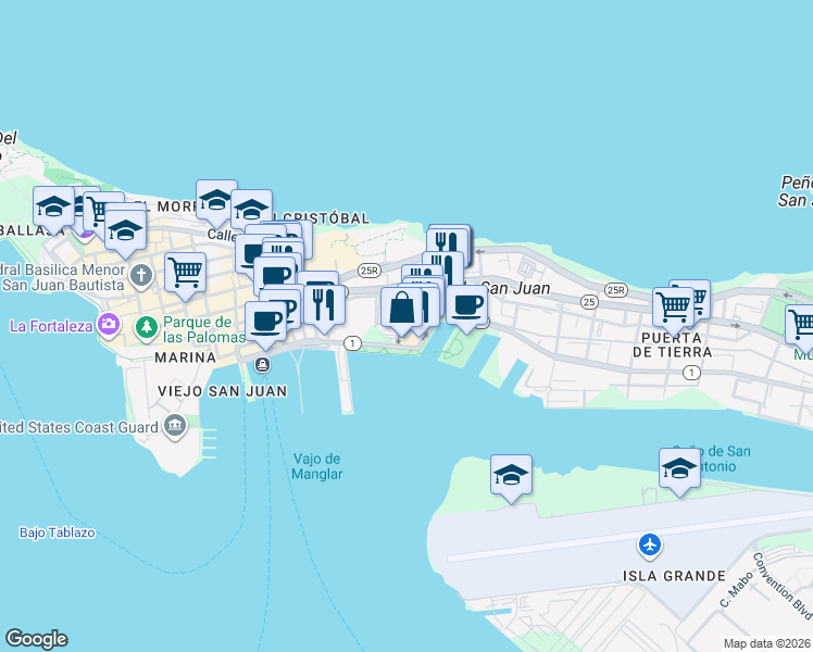map of restaurants, bars, coffee shops, grocery stores, and more near 100 Calle del Muelle in San Juan