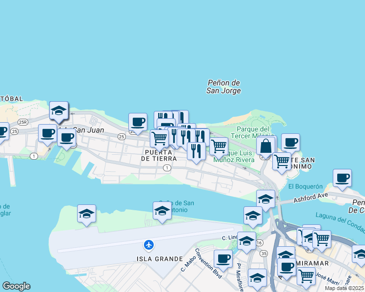 map of restaurants, bars, coffee shops, grocery stores, and more near in San Juan