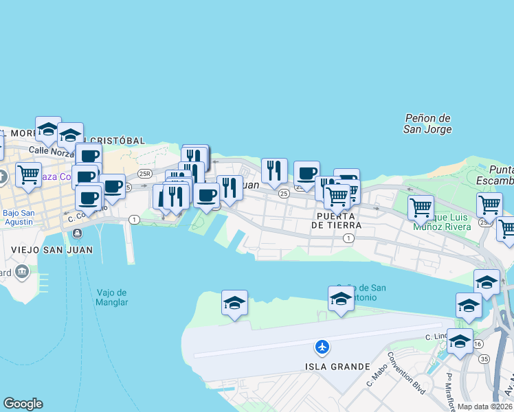 map of restaurants, bars, coffee shops, grocery stores, and more near Calle San Andrés in San Juan