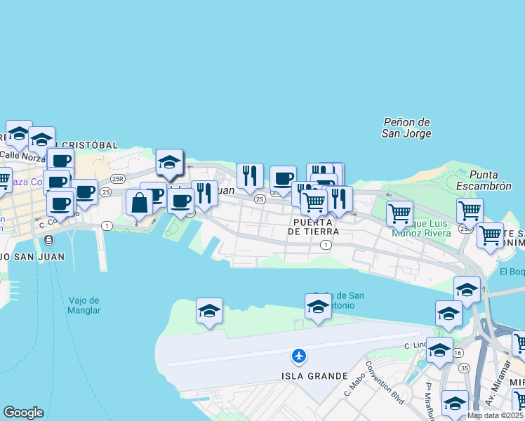 map of restaurants, bars, coffee shops, grocery stores, and more near 233 Calle San Agustín in San Juan