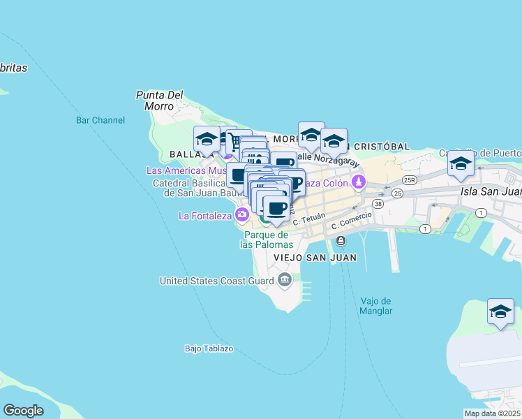 map of restaurants, bars, coffee shops, grocery stores, and more near 200c Calle del Cristo in San Juan