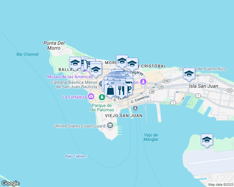 map of restaurants, bars, coffee shops, grocery stores, and more near 208 Calle de la Fortaleza in San Juan