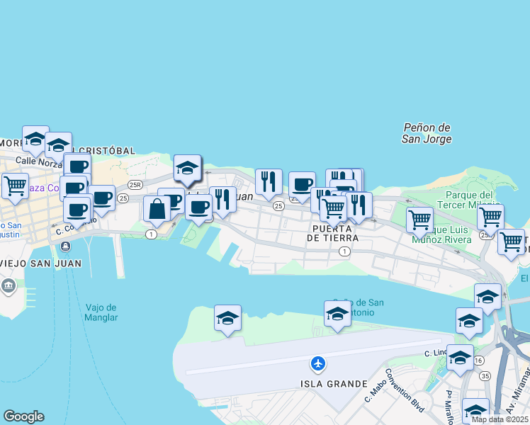 map of restaurants, bars, coffee shops, grocery stores, and more near 201-233 Calle San Agustín in San Juan