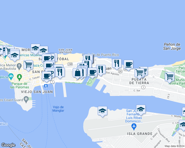 map of restaurants, bars, coffee shops, grocery stores, and more near in San Juan