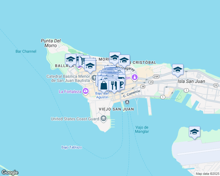 map of restaurants, bars, coffee shops, grocery stores, and more near 208 Calle de la Fortaleza in San Juan