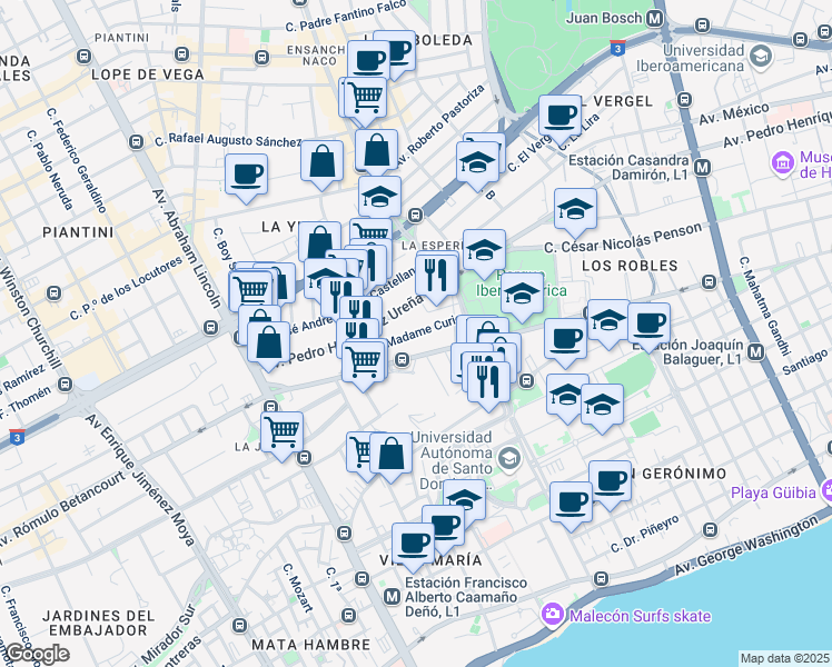 map of restaurants, bars, coffee shops, grocery stores, and more near Calle Madame Curie in Santo Domingo