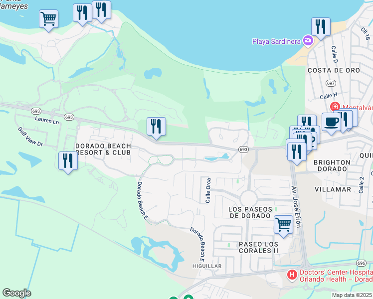 map of restaurants, bars, coffee shops, grocery stores, and more near 143 Dorado Beach East in Dorado
