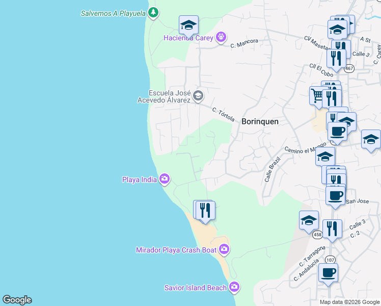 map of restaurants, bars, coffee shops, grocery stores, and more near in Borinquen