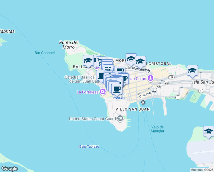 map of restaurants, bars, coffee shops, grocery stores, and more near 200c Calle del Cristo in San Juan
