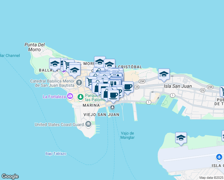 map of restaurants, bars, coffee shops, grocery stores, and more near 316 Calle Fortaleza in San Juan
