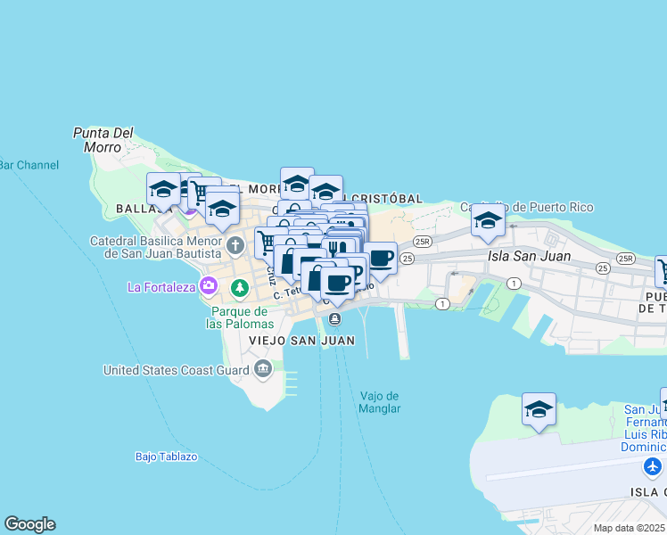 map of restaurants, bars, coffee shops, grocery stores, and more near 316 Calle Fortaleza in San Juan