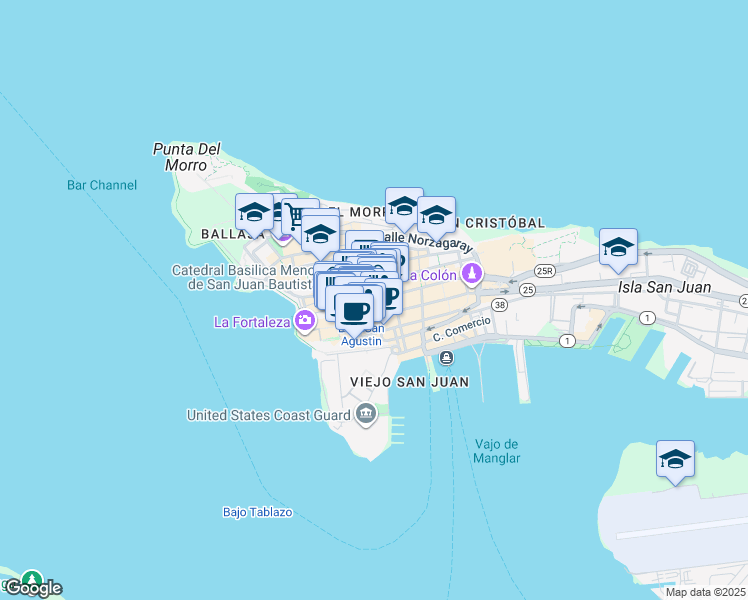 map of restaurants, bars, coffee shops, grocery stores, and more near 201 Calle San Francisco in San Juan